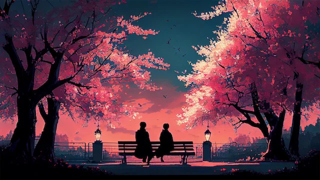silhouetted-couple-sit-bench-autumn-tree-generative-ai-1